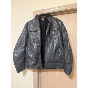 Sonoma Men’s Large Faux Leather Jacket Gray Fleece Hooded Zip Up Coat -READ Desc